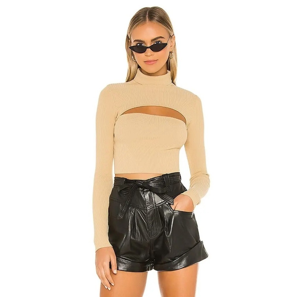 Superdown Revolve Tan Ribbed Turtleneck Fitted Stretch Cut‎ Out Crop Sweater XS